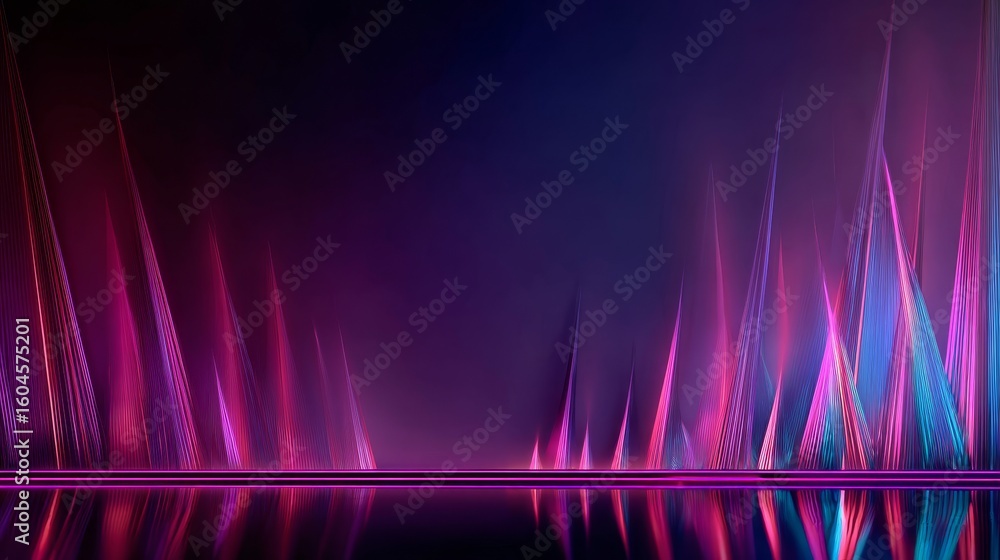 Aufkleber Futuristic geometric neon showcase scene with glowing lines and abstract shapes in empty digital space, ideal for product display, virtual background, technology banner, or sci-fi concept environment