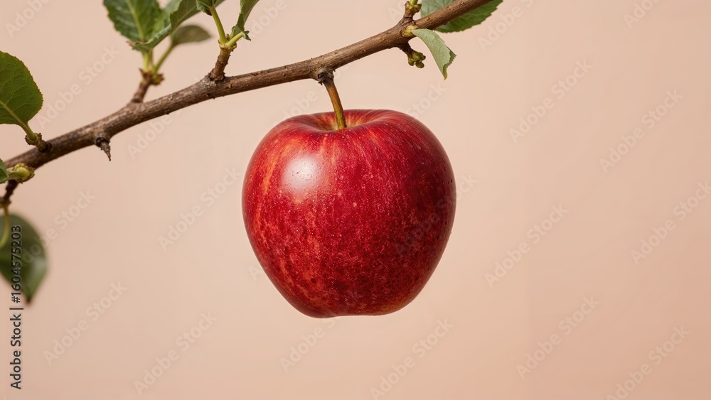 Poster a lone red apple hangs from the stark branches of a tree.
