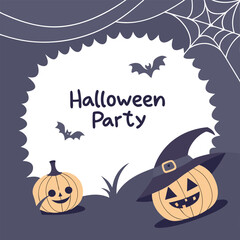 Illustration of halloween party scene with pumpkins, bats, spiderweb and scalloped frame background design