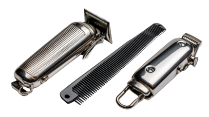 Professional barber tools, including clippers and comb, isolated on white background.