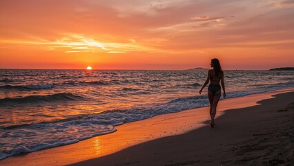 Fototapeta premium A young woman enjoys a beach walk as her daughter admires the blazing sunset