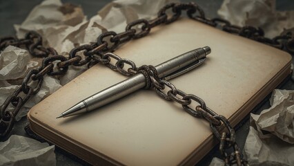 An iron-linked pen resting on a vacant notebook representing censorship.
