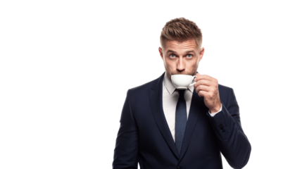 Professional man in a suit enjoying a cup of coffee against a white isolated background.