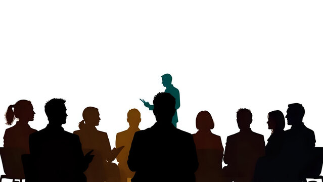 Silhouette of a presenter addressing an audience seated in a room symbolizing a business meeting educational seminar or training session