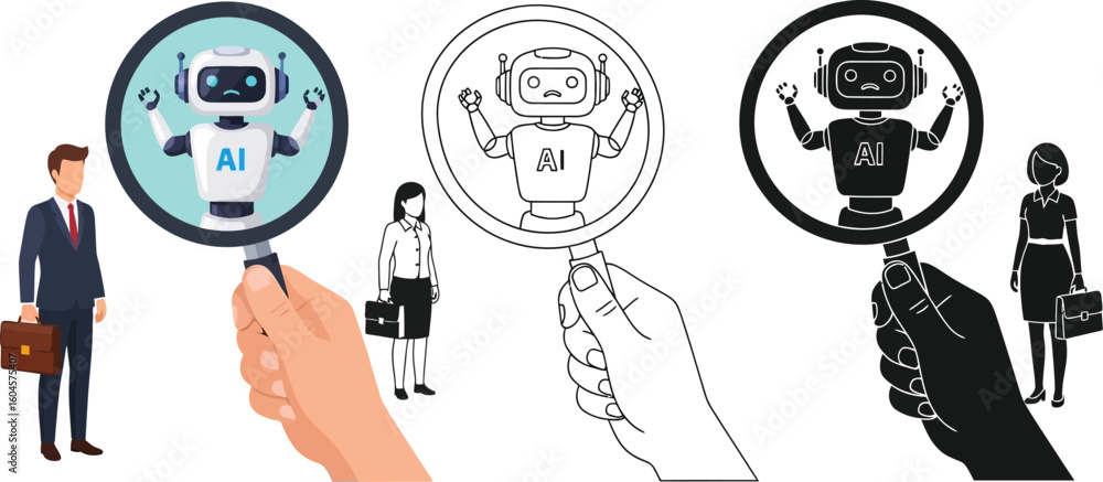 Aufkleber analyzing ai integration impact on workforce using ai robot and human resources with magnifying glas