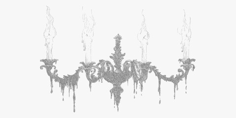 Obraz premium Black and white image of a chandelier. Retro sketch with dotted halftone grain, paper scan texture and high threshold for strong visual contrast.