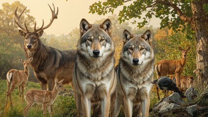 A duo of wolves with several wild animals