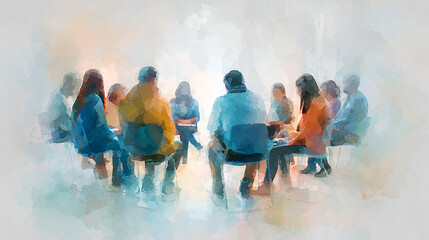 Watercolor painting of a support group sitting in a circle indoors