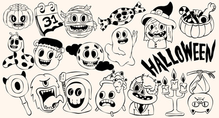 illustration of hand drawn scary character Halloween doodle set.