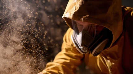 Close up of worker in protective mask and hood, surrounded by hazardous dust particles, showcasing importance of safety in industrial environments