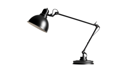 Stylish black desk lamp, modern design, isolated on white background.