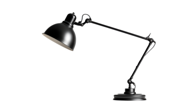 Stylish black desk lamp, modern design, isolated on white background.