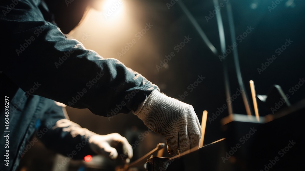 Poster factory worker is engaged in task, wearing gloves while handling materials in dimly lit environment.