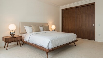 Fototapeta premium Bright and airy bedroom containing a comfortable double bed nestled between two side tables and a big wardrobe.