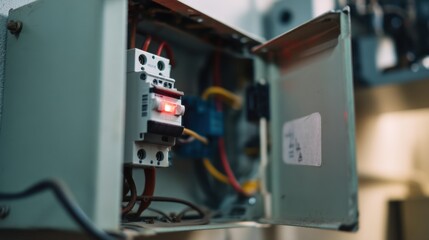 Electrical panel with exposed wires and red indicator light, showcasing intricate connections and components. image conveys sense of caution and technical detail