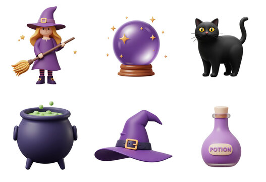 Set of Halloween themed 3d icons. Witch character with magical items 