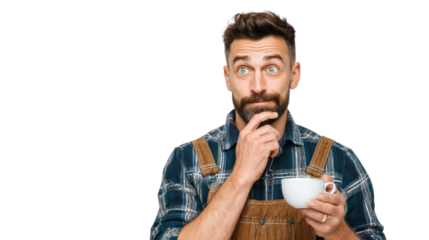 Thoughtful man holding a cup, pondering an idea against a white isolated background.