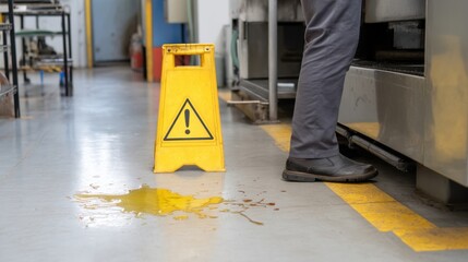 Caution sign near spilled liquid on factory floor, highlighting safety concerns in industrial environment. scene emphasizes importance of workplace safety and awareness