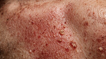 Fototapeta premium Surface of reddened, flaky skin resulting from allergic response and sun damage
