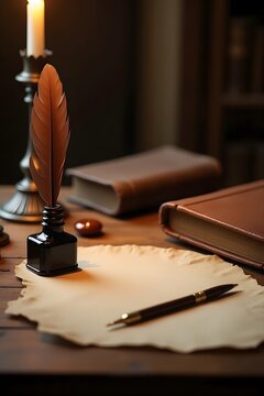 Romantic Historical Writing Desk with Quill and Old Books