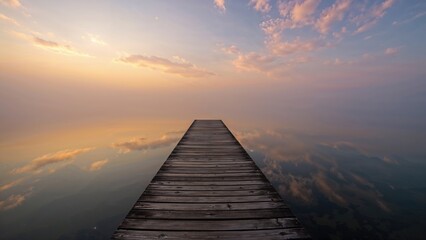Obraz premium Wooden jetty extending into a fog-laden lake during a colorful dawn