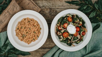 Hearty supper with brown rice and a tangy vegetable salad garnished with sour cream and ripe tomatoes
