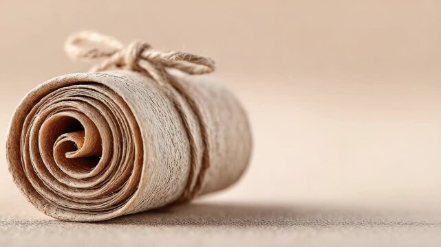 Rolled parchment scroll and vintage paper tied with string beige