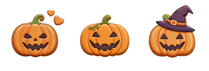 Three Halloween pumpkins with various facial expressions and hats  