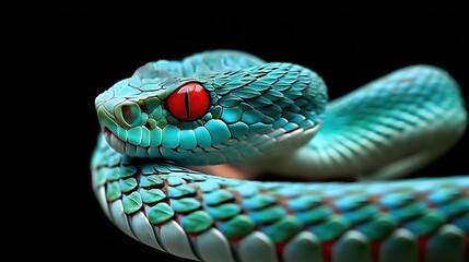 Extreme close-up of cyan serpent with intense red eyes on black background, detailed scales texture, macro reptile portrait for wildlife documentary or design