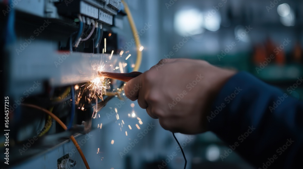 Poster technician is performing electrical work, using tool to create sparks while adjusting wiring in cont