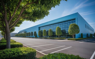 Modern Corporate Building with Lush Greenery and Ample Parking on a Sunny Day