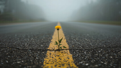 Yellow Dandelion Growing Through Asphalt Crack on Empty Road