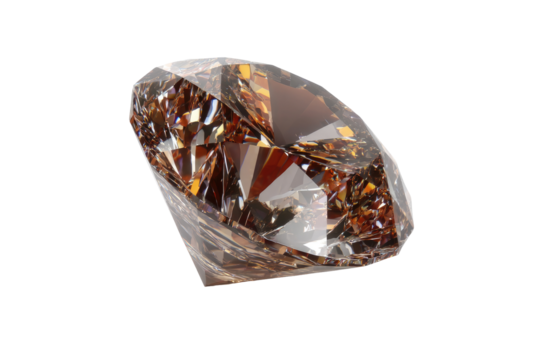 A rich, brown diamond, cut in a round brilliant style, angled slightly,  displays internal reflections and facets