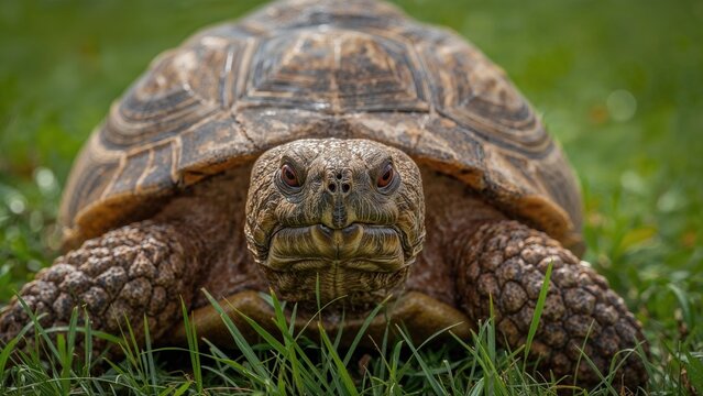 Close-up portrait of a large reptile in natural green surroundings