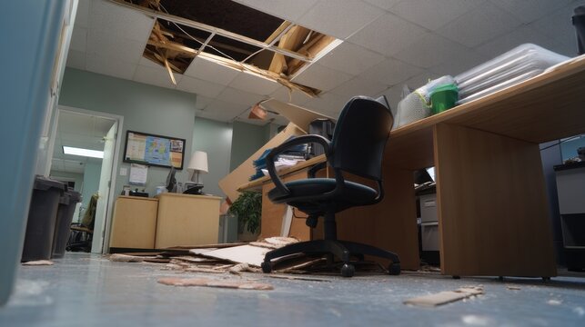 Damaged office space shows loose ceiling tile above workstation, with debris scattered on floor. scene conveys sense of disarray and neglect