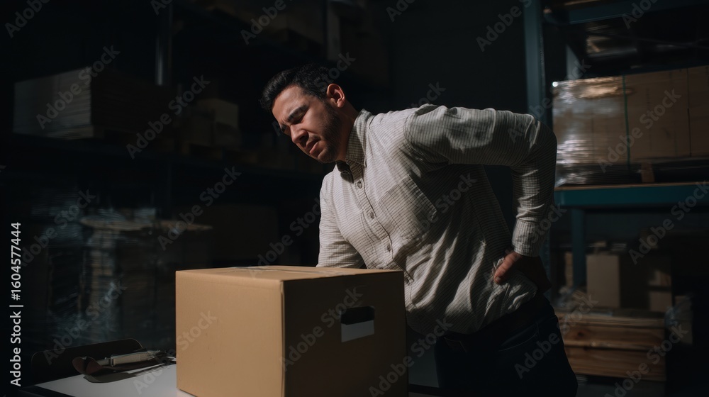 Poster warehouse worker is lifting box with twisted back, showing signs of discomfort. scene is dimly lit, 