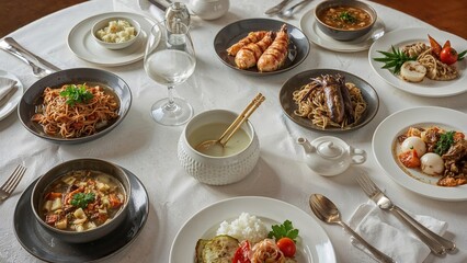 Asian cuisine dinner set with bowl, chopsticks, and seafood soup
