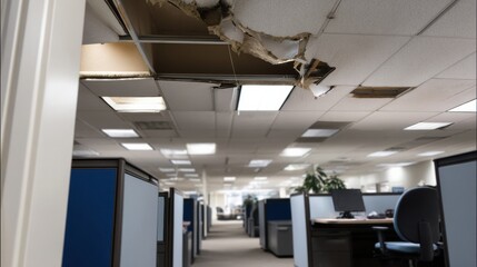 Obraz premium Damaged ceiling tile reveals loose section above workspace in office environment. scene conveys sense of neglect and need for maintenance in corporate setting