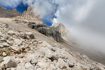 Dramatic storm clouds up in the Dolomite mountains, Italy, in summer