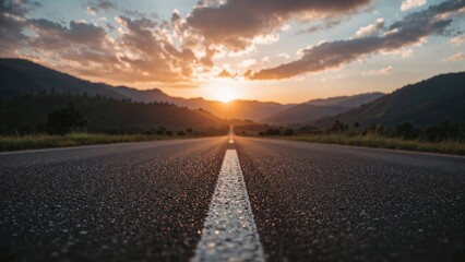 Evening scene with an asphalt roadway and grassy mountains against a backdrop of clouds, with a car in the frame.
