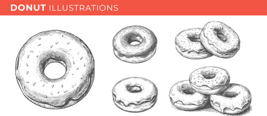 Set illustrations of donut isolated on transparent background. Vector graphics