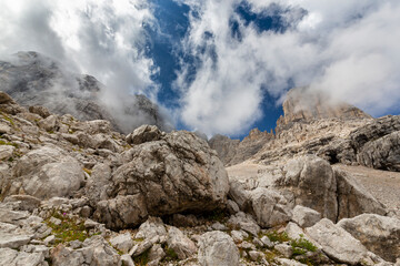Dramatic storm clouds up in the Dolomite mountains, Italy, in summer