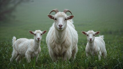 Obraz premium Two young goats accompany their mother in a grassland environment, posing for a portrait that captures their attentive look toward the observer.