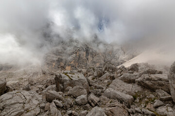 Dramatic storm clouds up in the Dolomite mountains, Italy, in summer