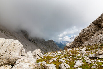 Dramatic storm clouds up in the Dolomite mountains, Italy, in summer