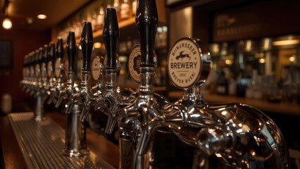 Serving beer from taps behind a restaurant bar.