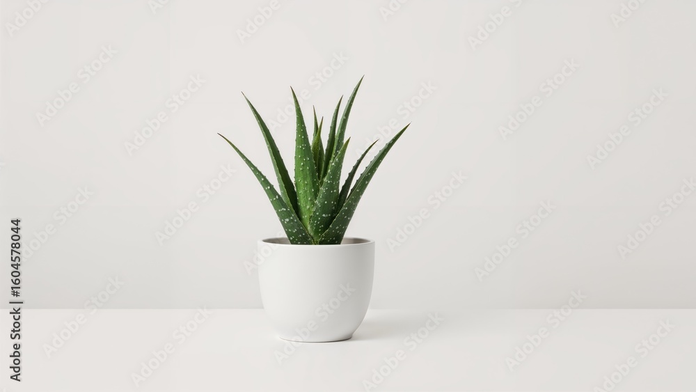 Poster potted aloe vera displayed against a plain white table background. space allocated for text input an