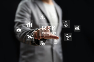Risk management and corporate risk management strategy concept, Businessman analyzing possible risks, Surveying components to reduce damage, Critical strategy business, Assessment, analysis financial