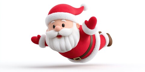 A cheerful cartoon character, dressed in red, with a white beard and hat, mid-air