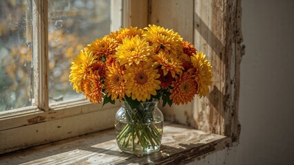 Elegant Autumnal Chrysanthemum Bouquet Placed on a Window